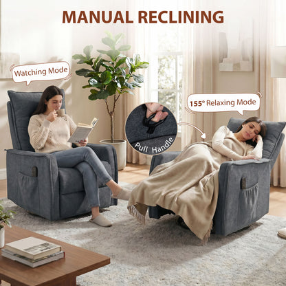 Recliner Armchair, Chenille Recliner Chair with Massage and Heat, 360° Swivel Rocking Manual Recliner, Dark Grey
