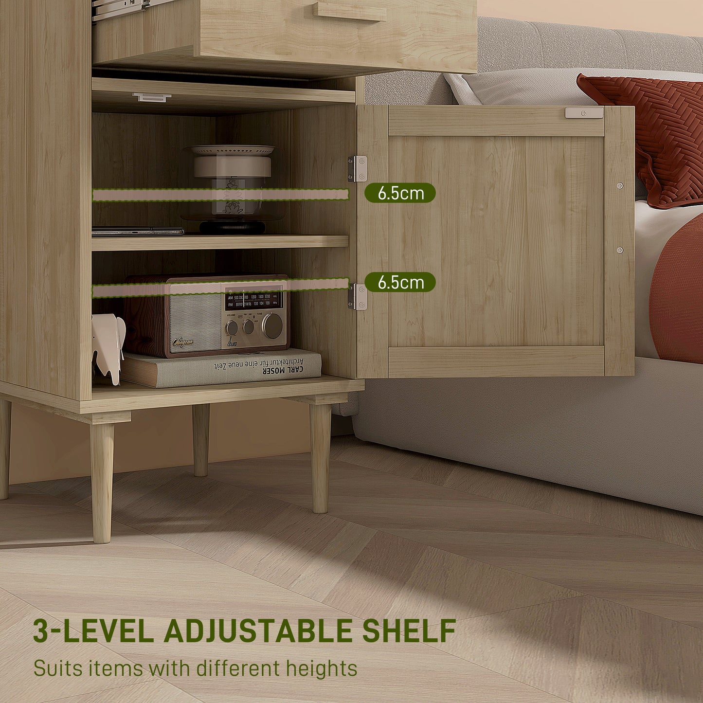 Bedside Table, Rattan Side Tables with Drawer, Cabinet and Adjustable Shelf, Boho Bedside Cabinet with Storage for Bedroom