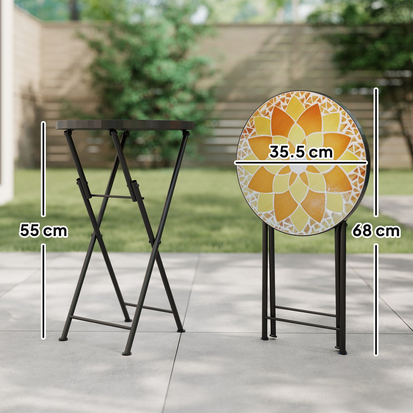 Mosaic Outdoor Garden Table, 35.5cm Round Folding Coffee Table with Metal Frame for Balcony Terrace, Yellow