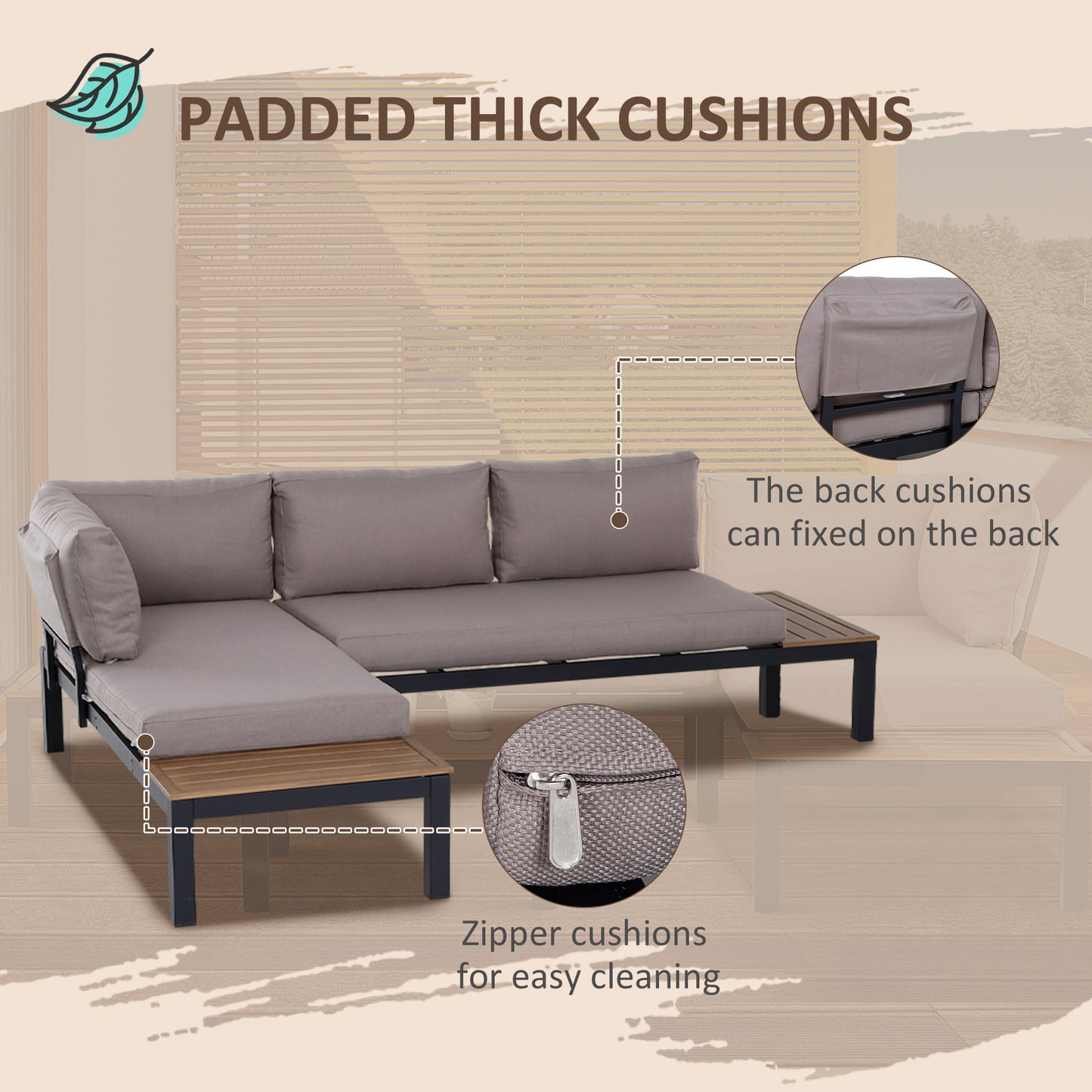 3 Pieces Garden Furniture Set, Aluminium 4 Seater Corner Sofa Set with 2 Loveseats, Black