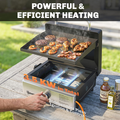 Grill Griddle, Portable Gas Plancha, 3.5 kW, Tabletop Gas BBQ with Grease Cup for Camping Picnic Patios, Black