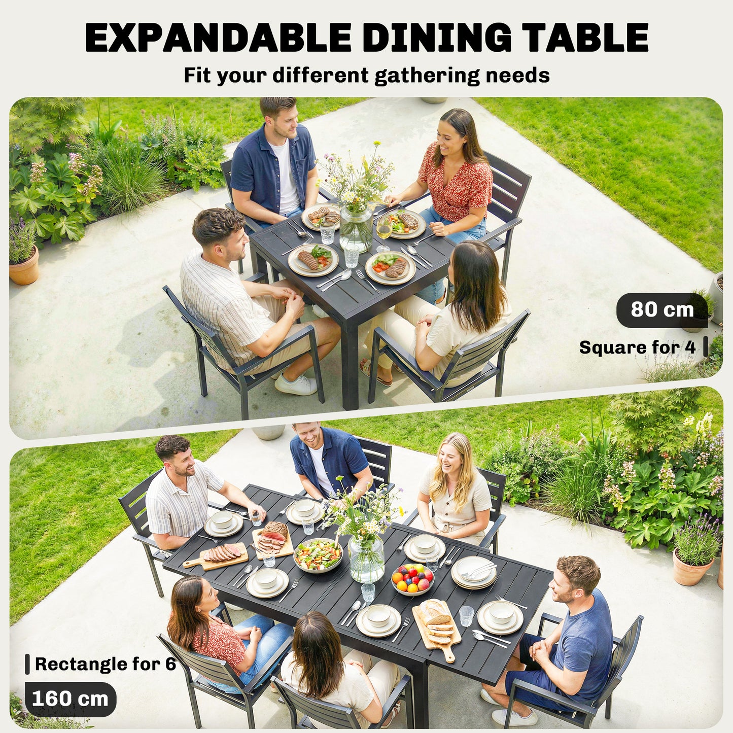 Expandable Patio Dining Table for 4-6 People, 80-160 cm Aluminium Extendable Outdoor Patio Table with Slatted Top, Black