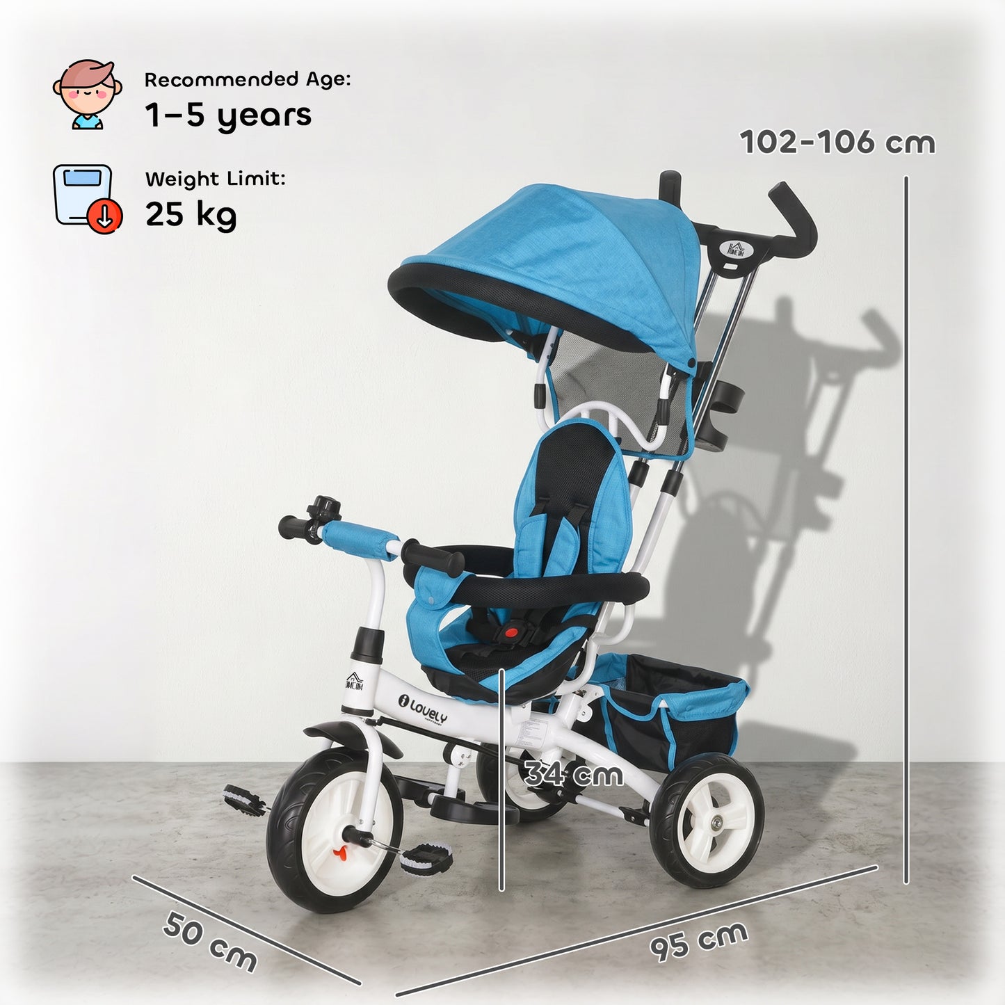 6 in 1 Kids Trike Push Bike w/ Push Handle, Canopy, 5-point Seat Belt, Storage, Footrest, Brake, for 1-5 Years, Blue