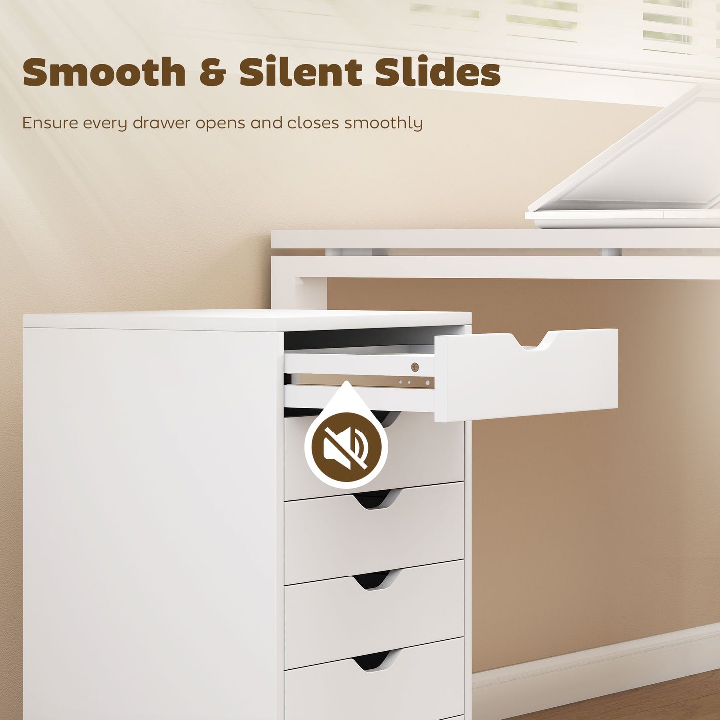6 Drawer Vertical File Cabinet, Mobile Filing Cabinet with Quiet Drawers and Wheels with 2 Brakes, White