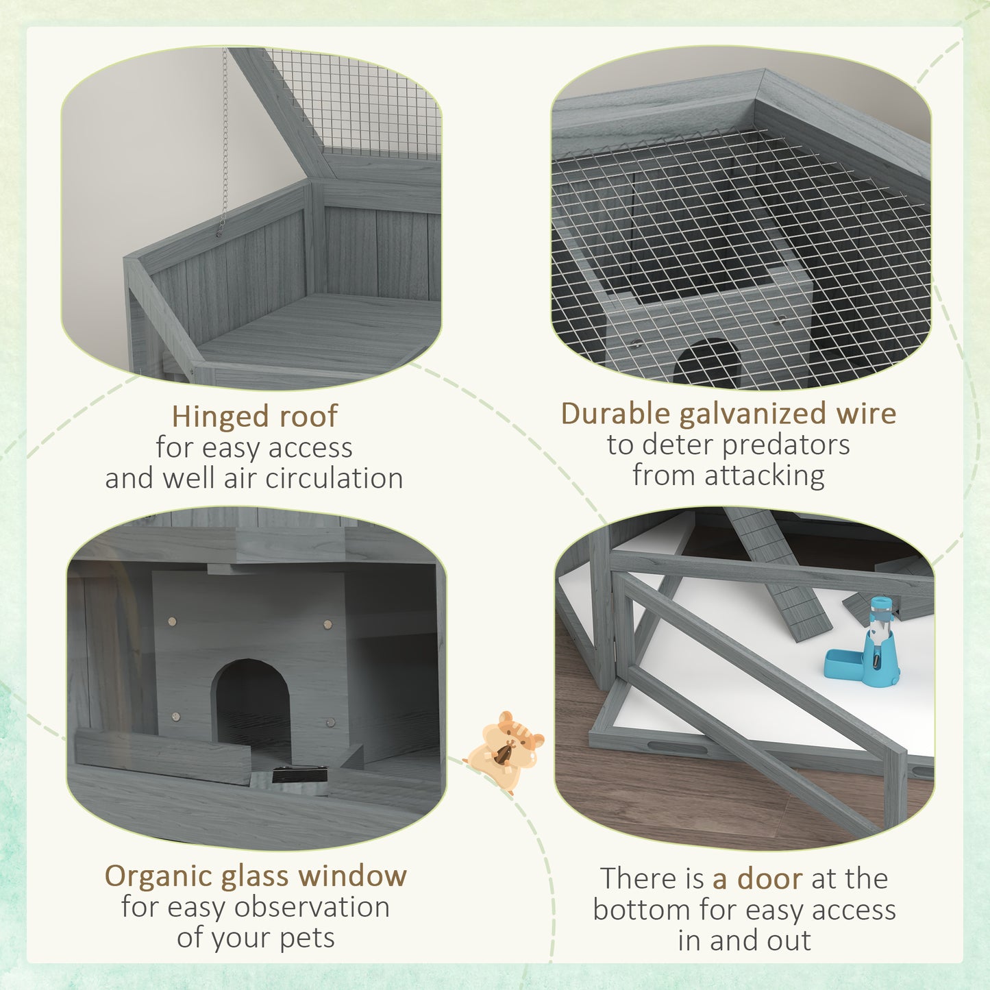 3 Tier Wooden Large Hamster Cage with Sliding Tray, Seesaws, Water Bottle, Grey