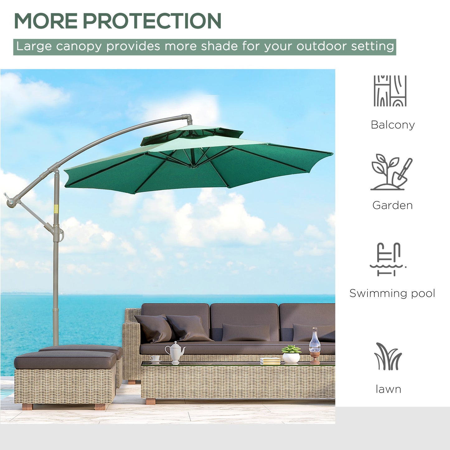 2.7m Banana Parasol Cantilever Umbrella with Crank Handle, Double Tier Canopy and Cross Base for Outdoor, Hanging Sun Shade