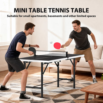 5ft Mid-Size Table Tennis Table, Ping Pong Table with Net, 2 Table Tennis Paddles and 3 Balls for Indoor Game, Black