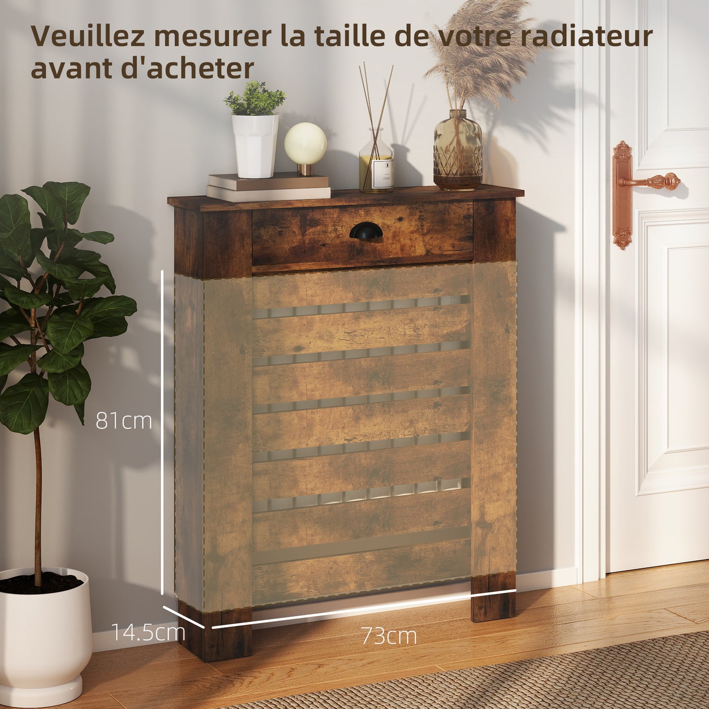 95.5H x 78Wcm Radiator Cover, with Drawer - Rustic Brown