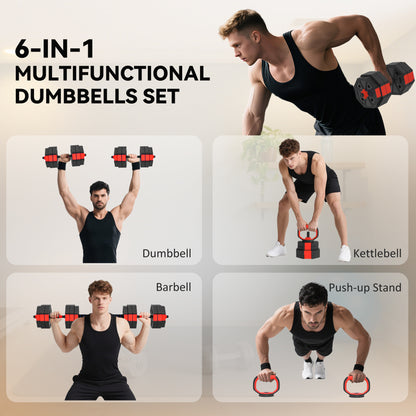6-in-1 Adjustable Weight Dumbbells Set, Used as Kettlebell, Barbell, Dumbbell, Push-Up Stand
