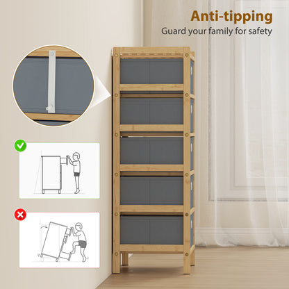Chest of Drawers, 5 Fabric Drawers Narrow Dresser with Bamboo Frame, Light Grey