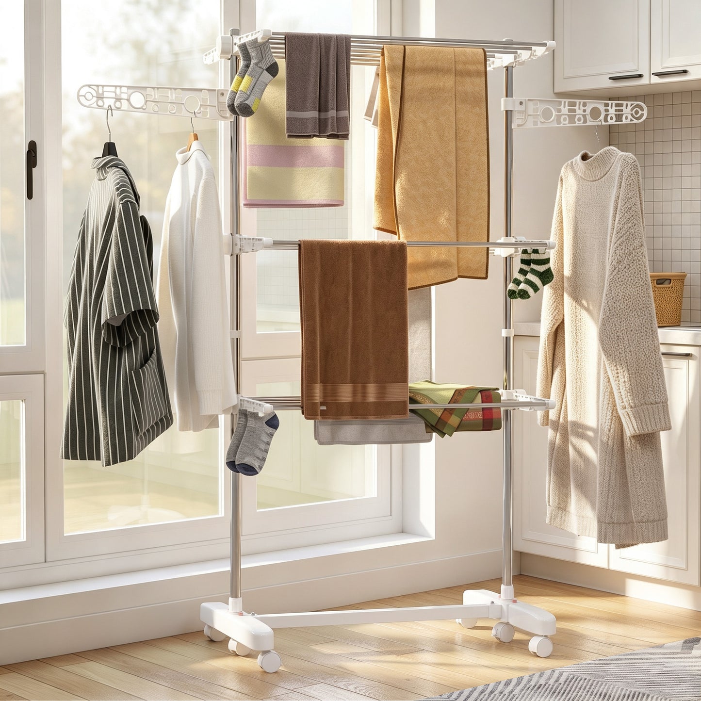 3-Tier Clothes Airer, Stainless Steel Foldable Clothes Drying Rack with Wheels and Wings, Indoor and Outdoor, Easy Assembly