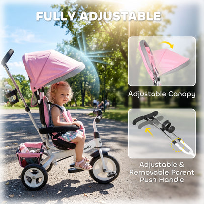 6 in 1 Kids Trike Push Bike w/ Push Handle, Canopy, 5-point Seat Belt, Storage, Footrest, Brake, for 1-5 Years, Pink