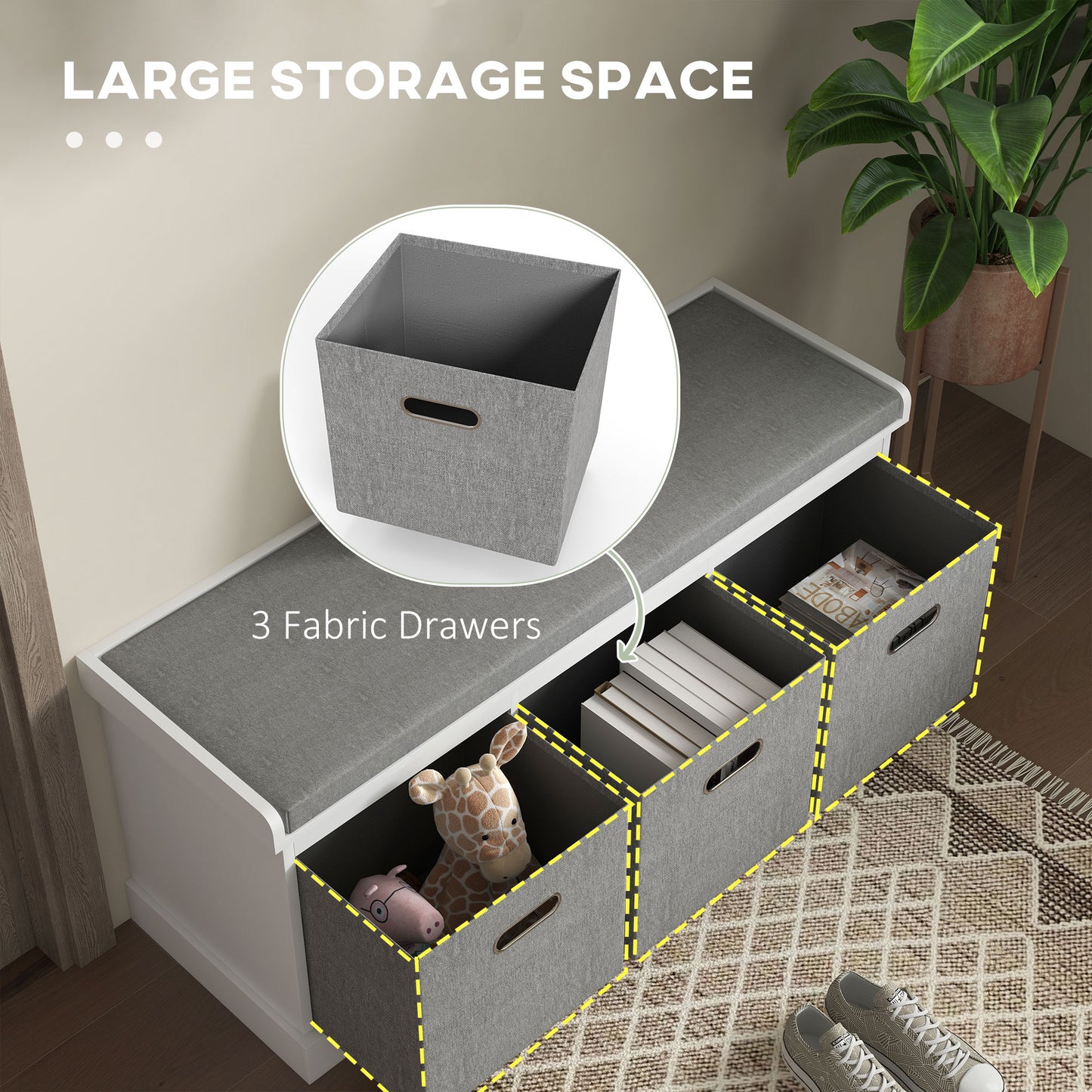 Three-Drawer Shoe Storage Bench, with Padded Top Seat - White