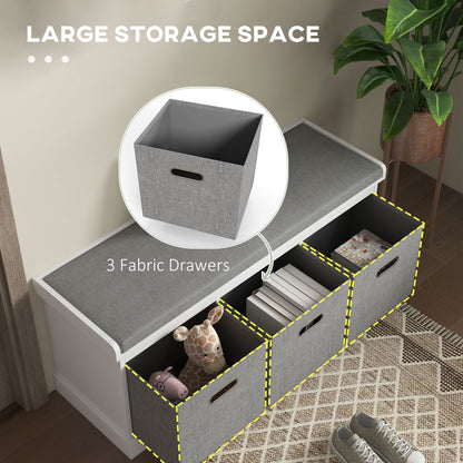 Three-Drawer Shoe Storage Bench, with Padded Top Seat - White