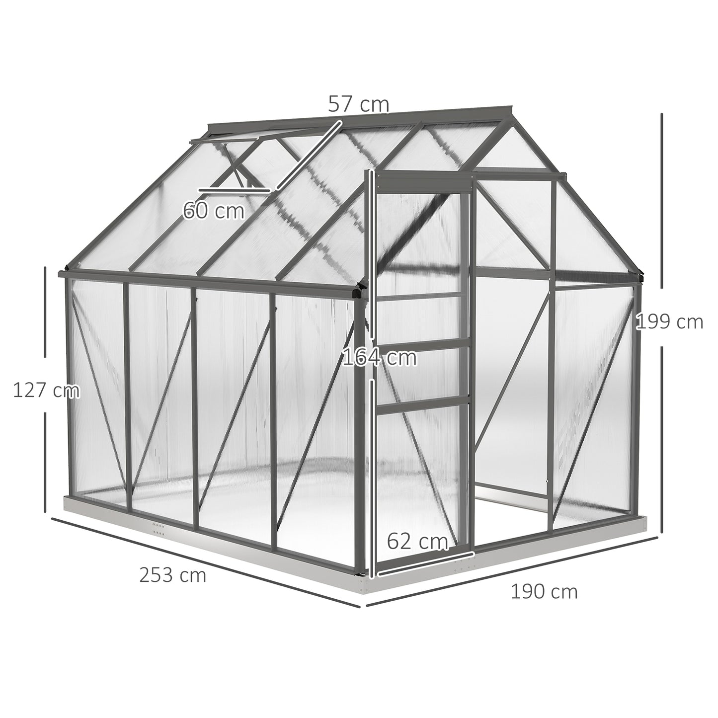 190 x 253 cm Walk-In Polycarbonate Greenhouse - Dark Grey