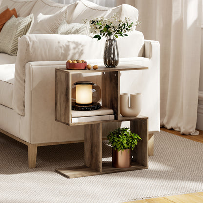 Side Table, Narrow End Table with Storage Shelves, S-Shaped, 3-Tier, 50W x 19.5D x 58H cm, Oak