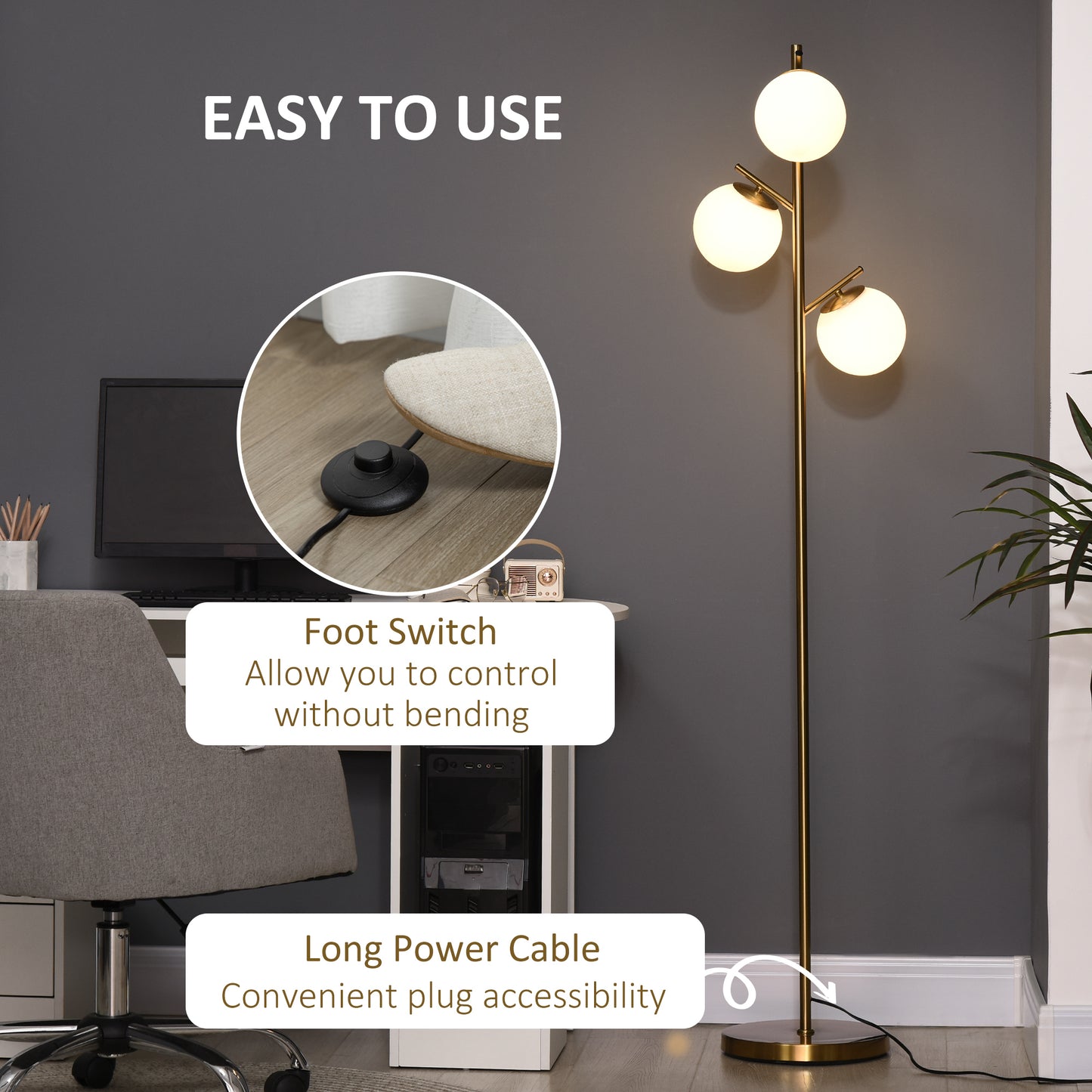 3-Light Tree Floor Lamps for Living Room, Modern Standing Lamp for Bedroom with Globe Lampshade, Steel Base