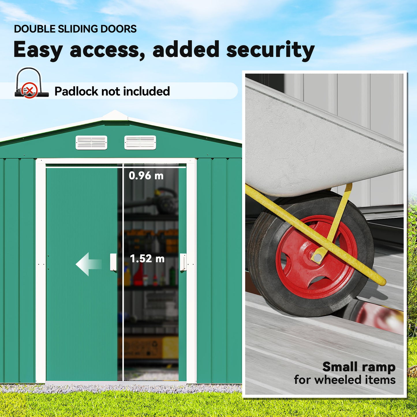 9 x 6ft Metal Garden Shed, Outdoor Storage Tool House with Ventilation Slots, Foundation Kit and Lockable Double Doors, Green