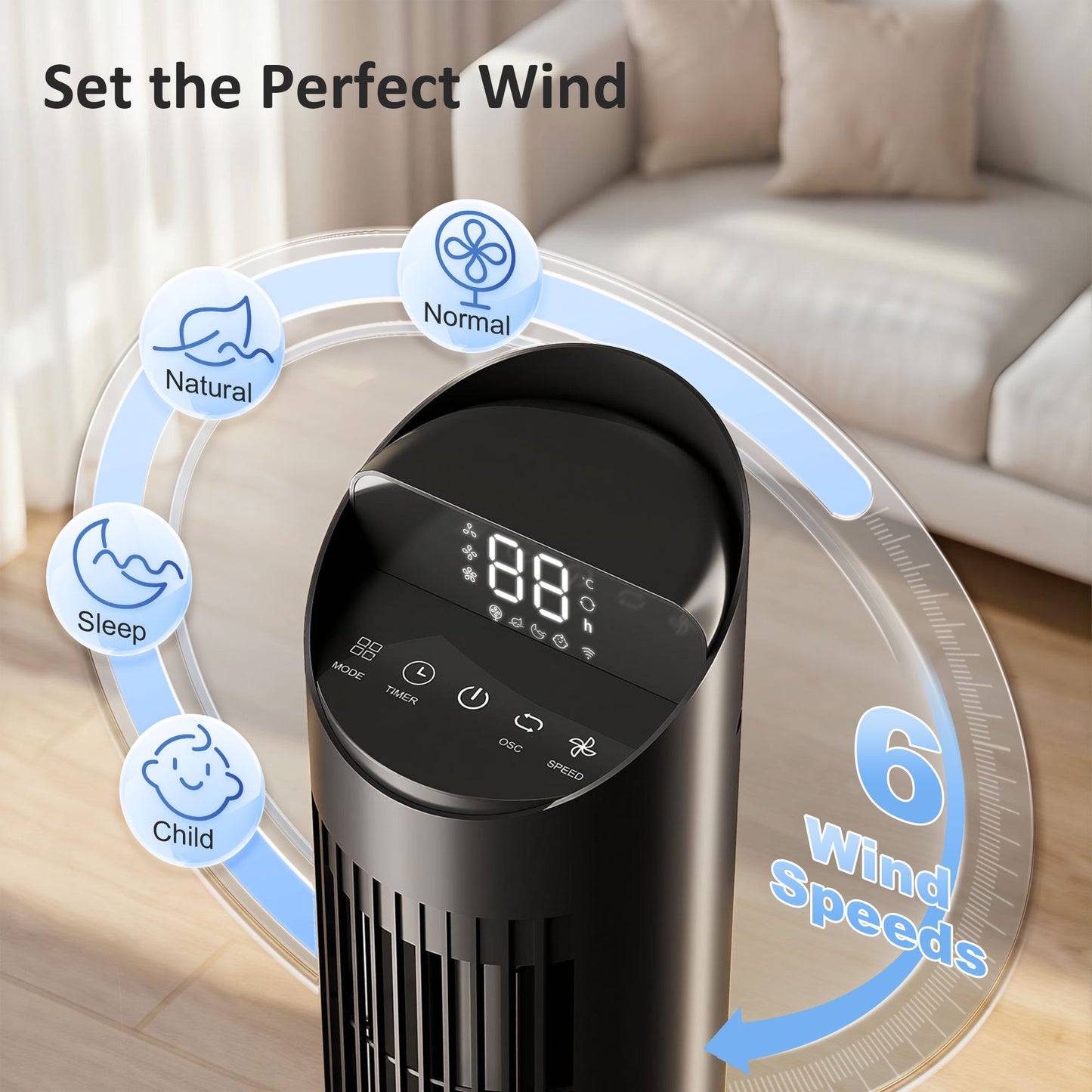 Tower Fan with WiFi App Control Standing Floor Cooling Fan Remote Control 101.8 cm Black
