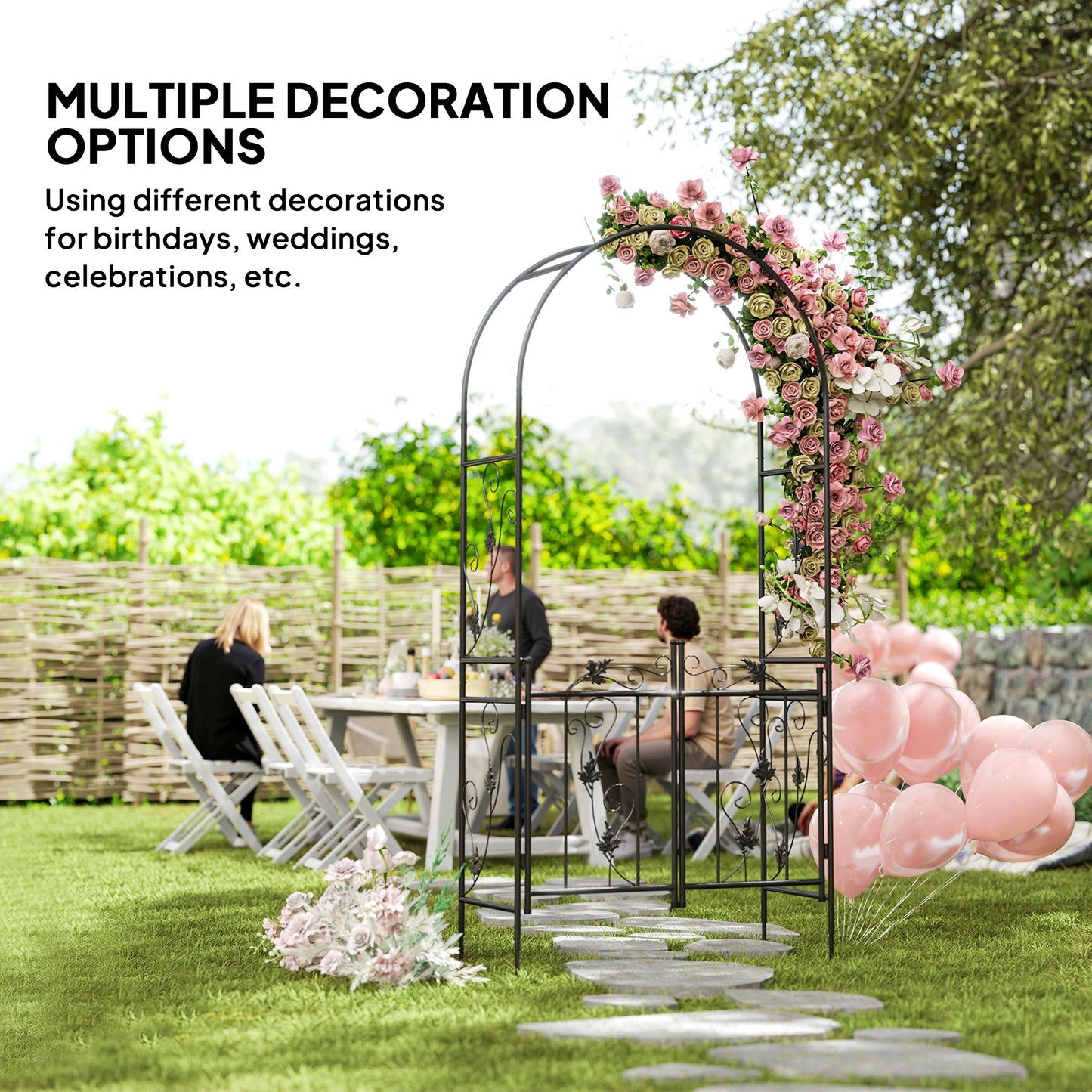 2.17m Steel Garden Arch with Gate, Wedding Arch for Outdoor, Garden, 107W x 45D x 217H cm Black