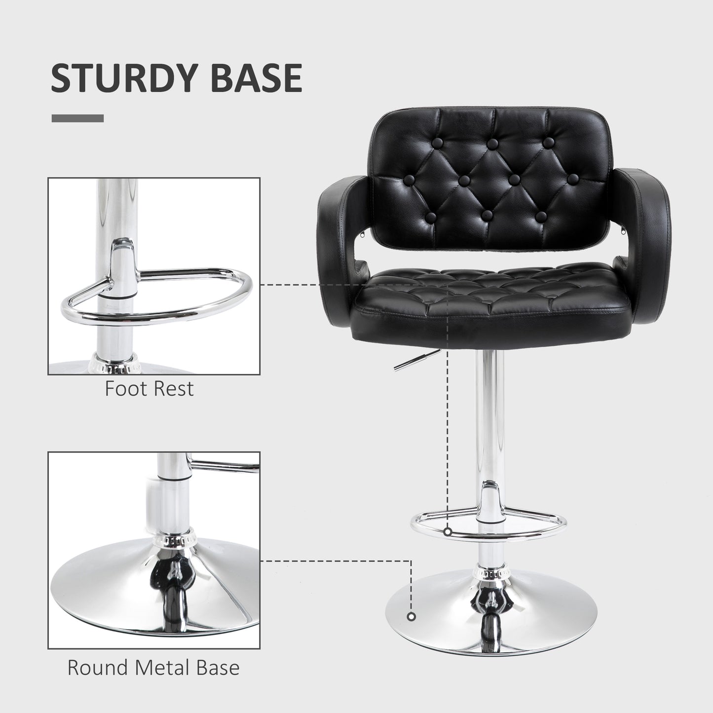 PU Leather Upholstered Swivel Bar Stool, Height Adjustable with Back, Armrest, Footrest, Black