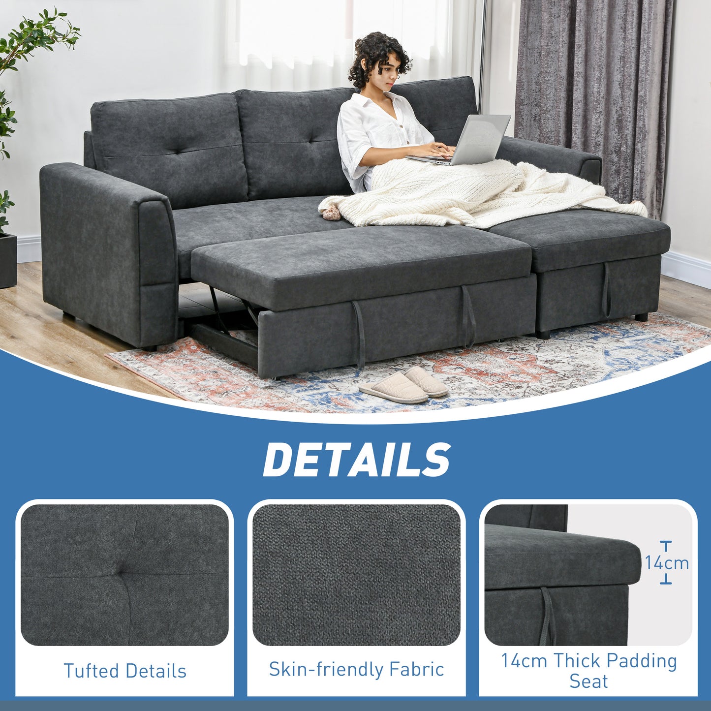 3 Seater Sofa Bed, Pull Out Sofa Bed with Storage for Living Room, Dark Grey