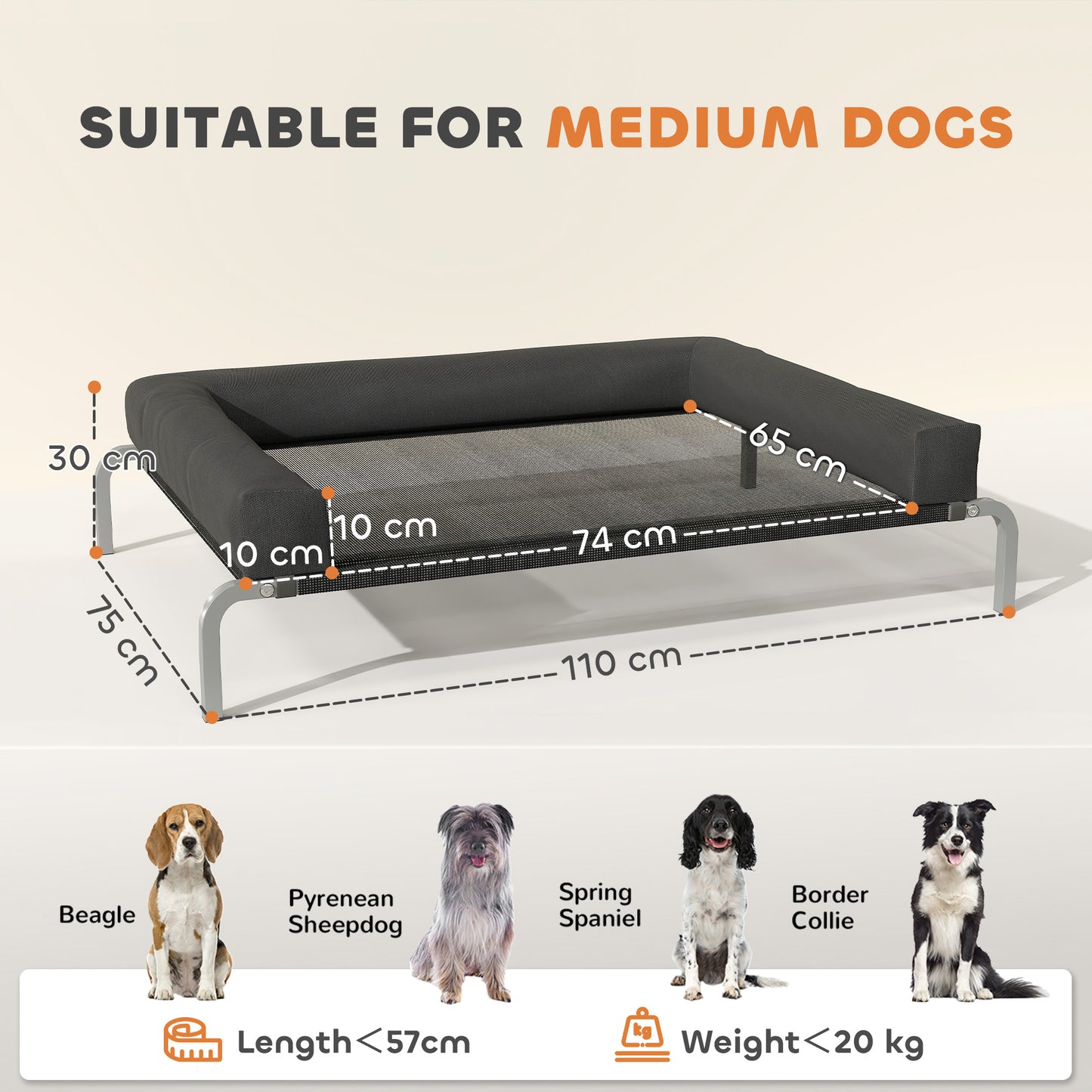 Elevated Dog Bed with Removable Bolsters, Raised Dog Bed for Medium Breeds, Portable Indoor & Outdoor Pet Cots, Black