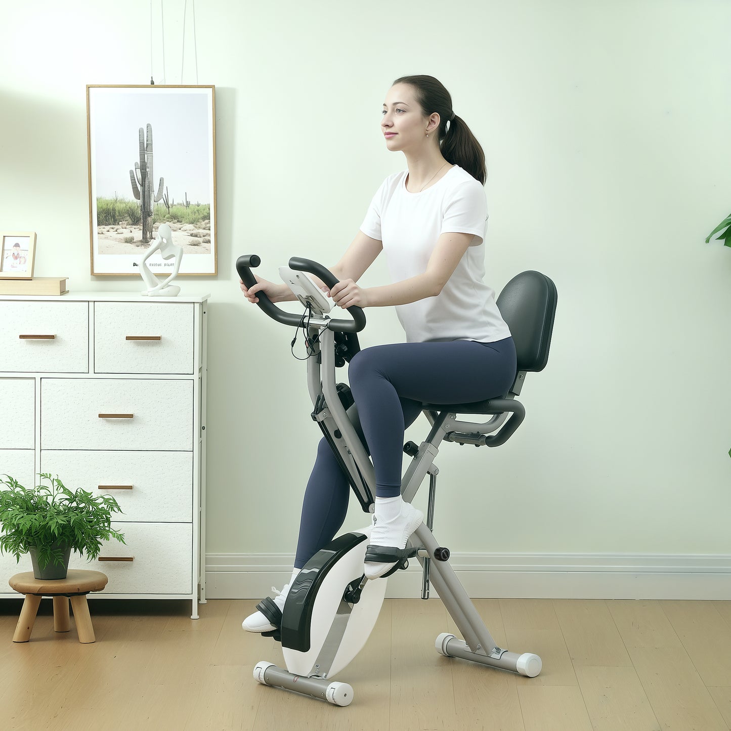 Five-in-one Foldable Exercise Bike, Stationary Bike with Arm Workout Bands, LDC Monitor, Phone Holder, White