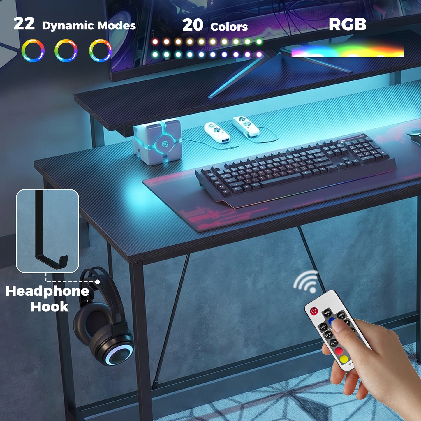 Reversible 'L' LED Light Gaming/Work Desk - Black