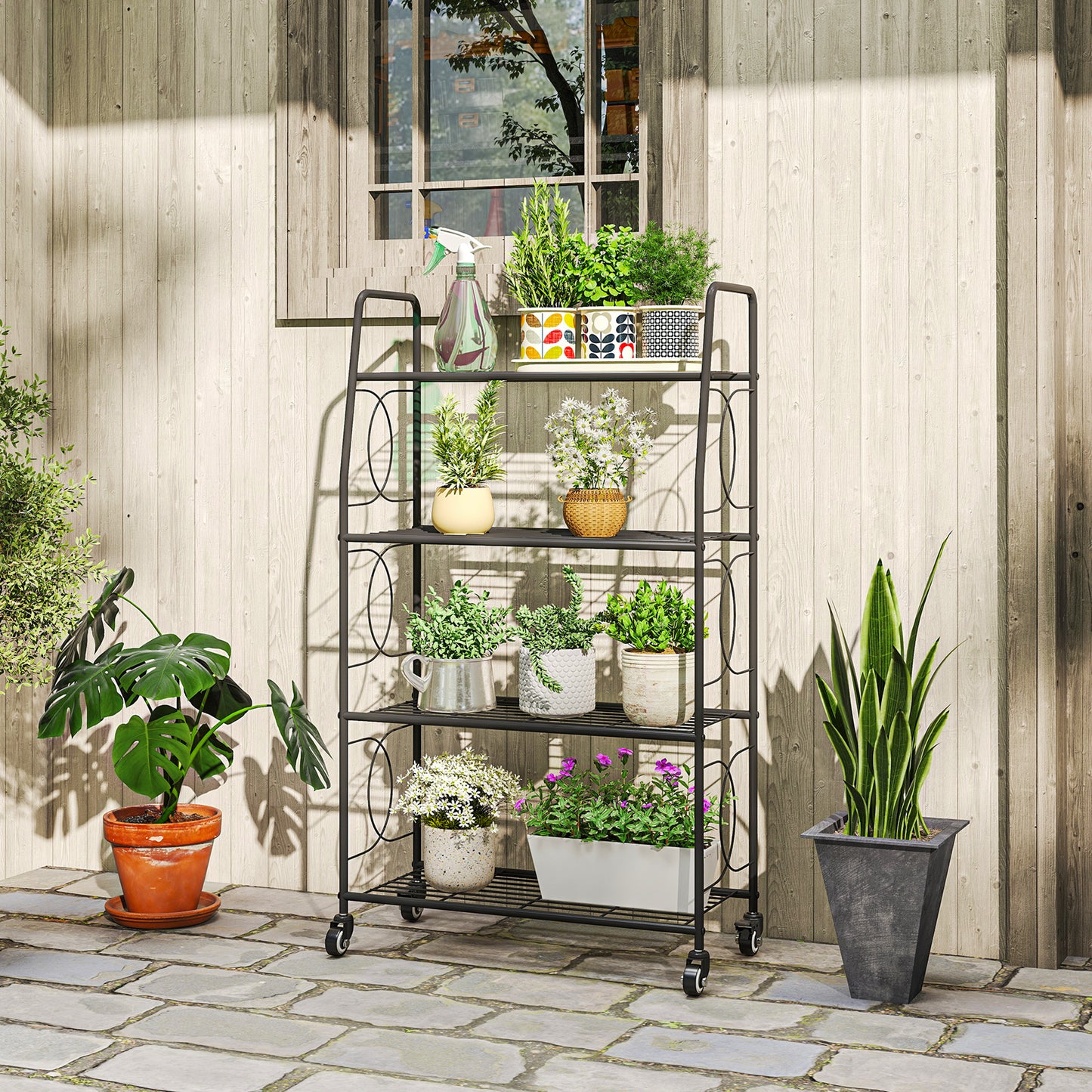 4-Tier Metal Plant Stand, Heavy Duty Ladder Shelf Potted Plants Display Rack with Lockable Wheels