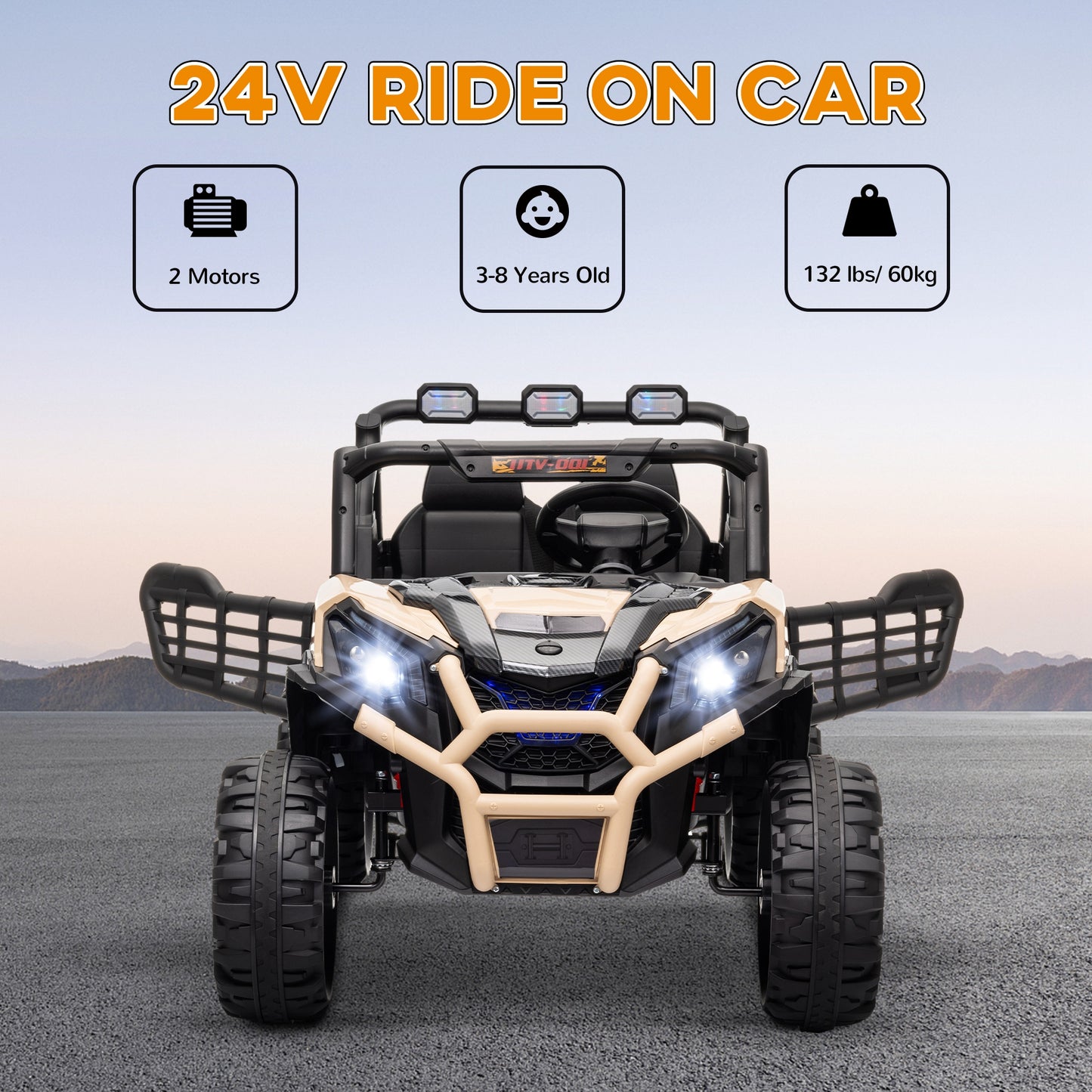 24V 2 Seater Kids Electric Car with Remote Control, Suspension System, Slow Start, 3 Speeds, for 3-8 Years, Khaki