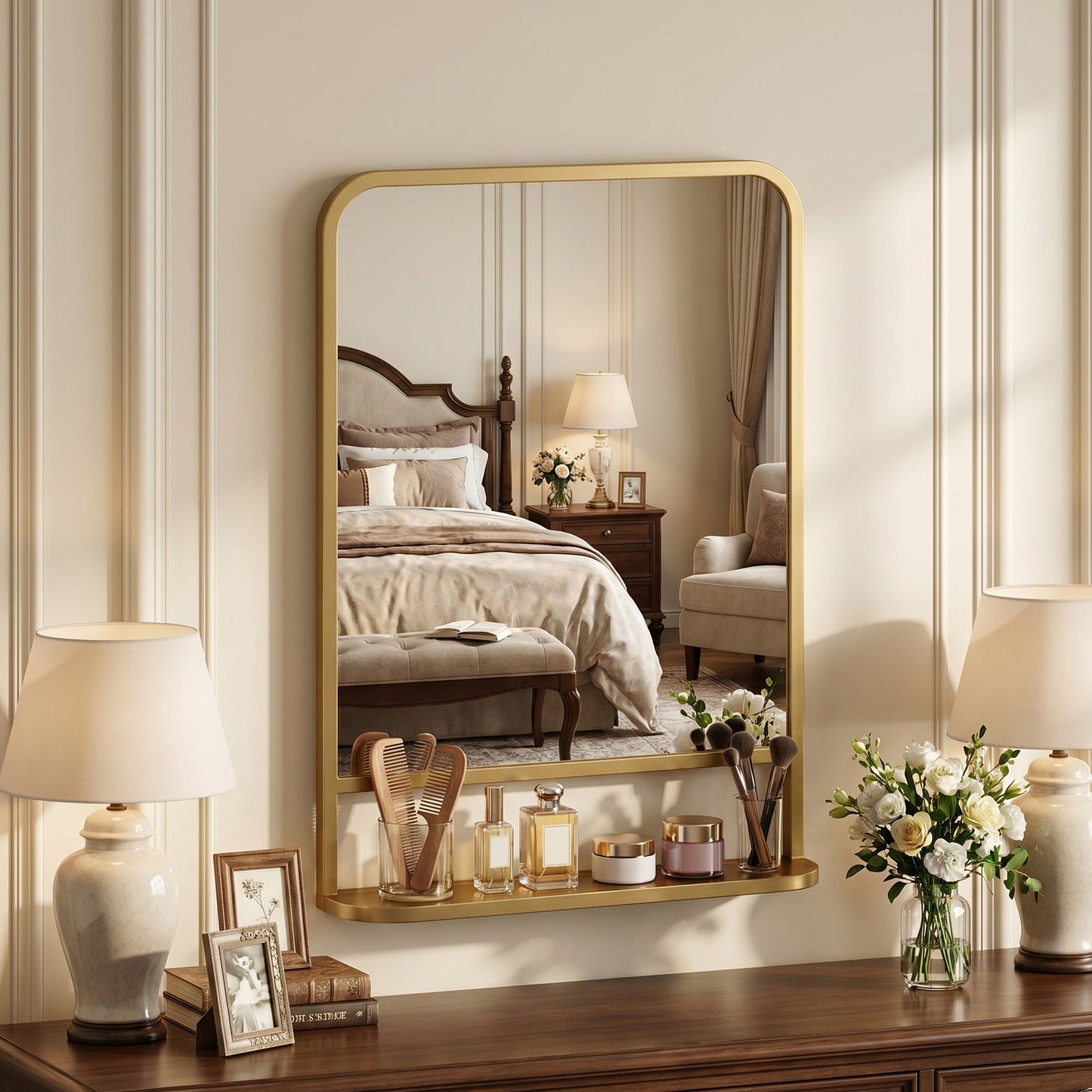 Modern Rectangular Wall Mirror with Storage Shelf, 70 x 50 cm, Gold Tone