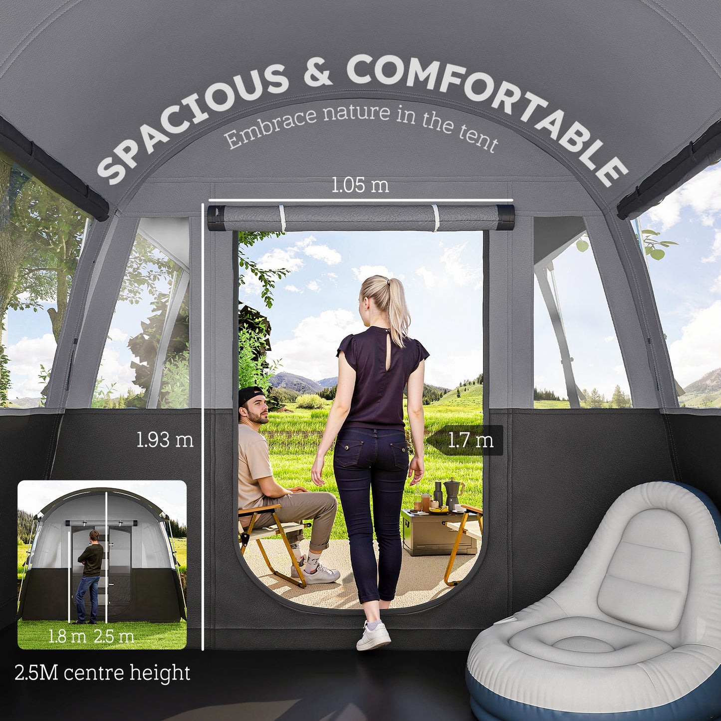 4 Person Camping Tent, Waterproof Family Tent, Tunnel Design, 4 Large Windows, Sleeping Cabins 3000mm Water Column Grey