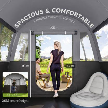 4 Person Camping Tent, Waterproof Family Tent, Tunnel Design, 4 Large Windows, Sleeping Cabins 3000mm Water Column Grey