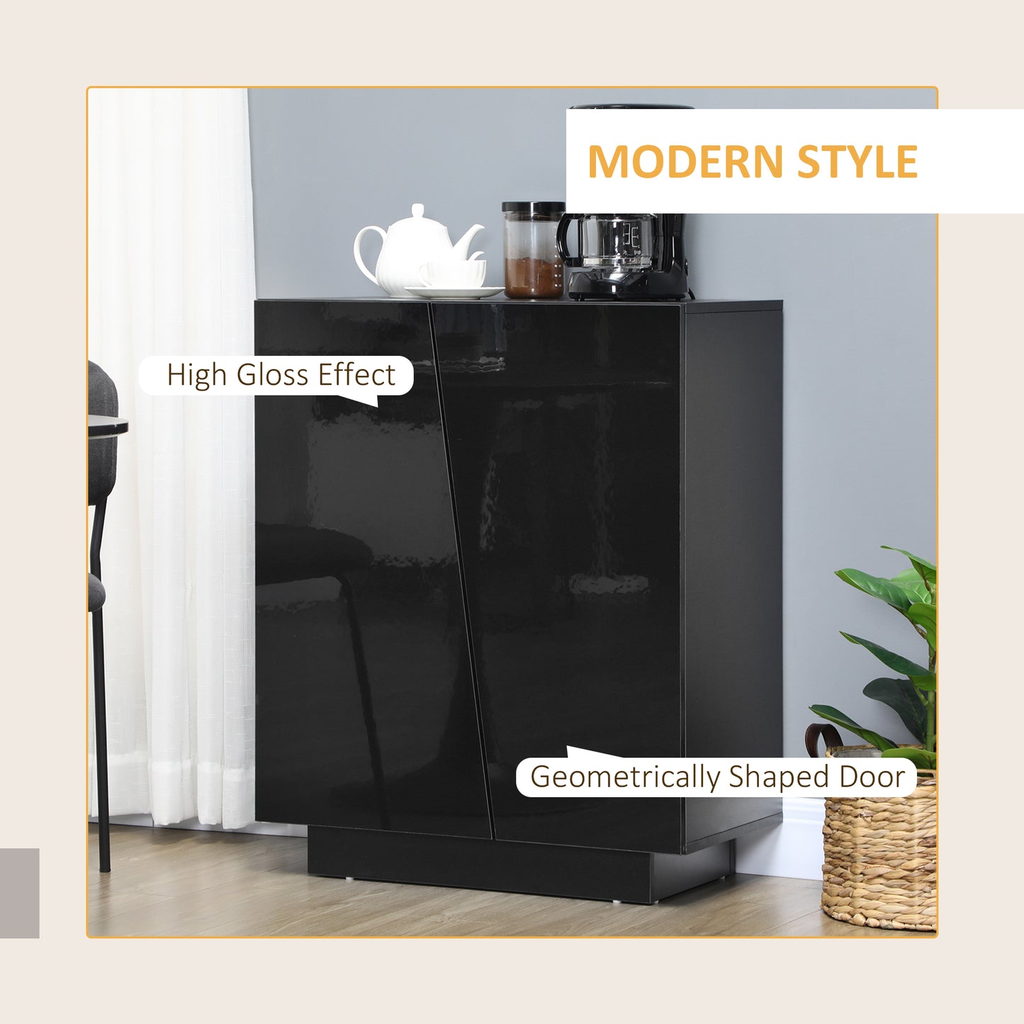 High Gloss Storage Cabinet, Freestanding Storage Cupboard with Adjustable Shelves for Living Room, Bedroom, Hallway, Black