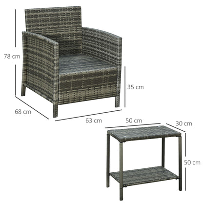 3 Pieces Rattan Bistro Set, Wicker Garden Furniture Set, Glass Top 2-tier Coffee Table and Chairs Set