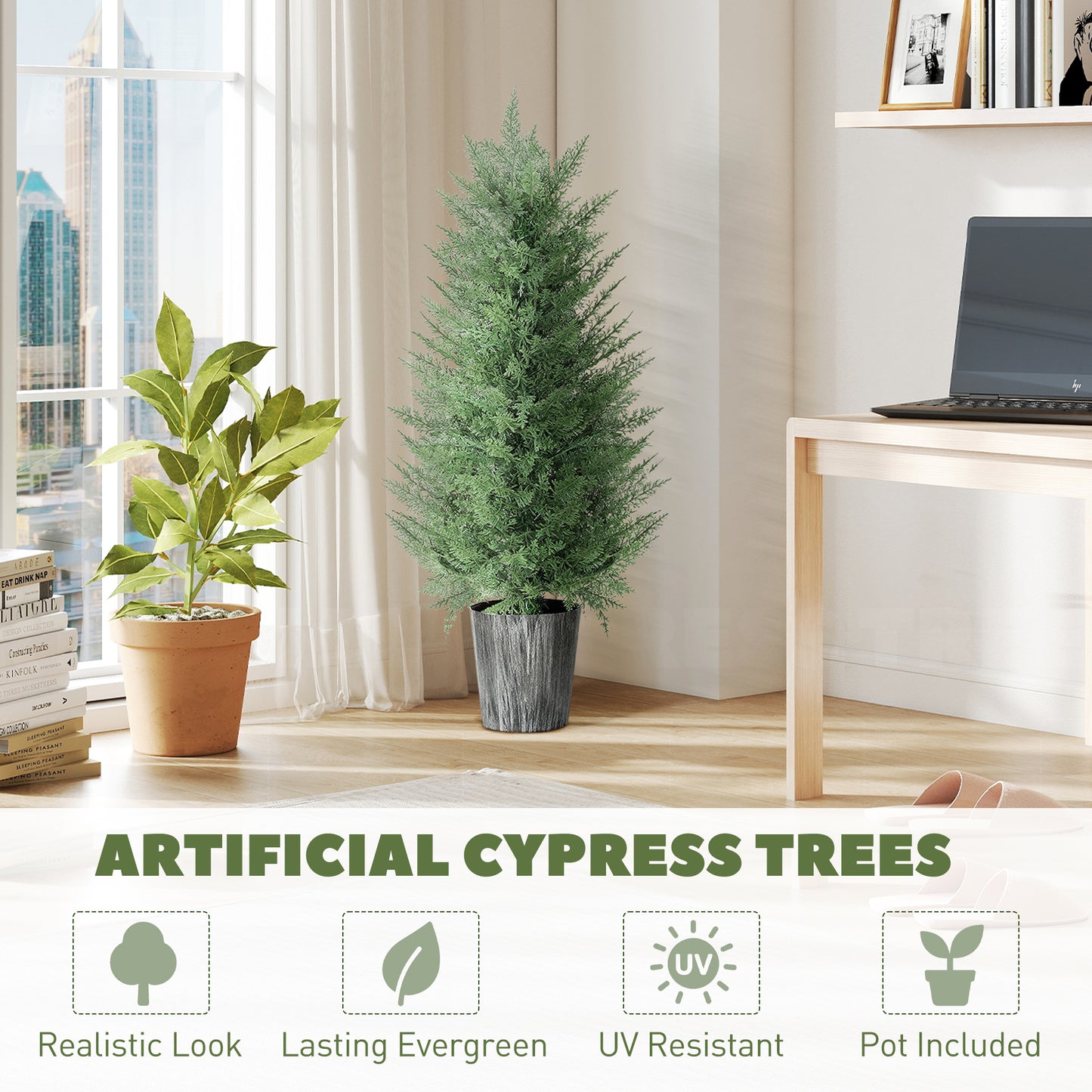 90cm Artificial Cypress Trees Set of 2, UV Resistant Artificial Plants with Decorative Pot