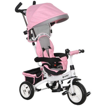 6 in 1 Kids Trike Push Bike w/ Push Handle, Canopy, 5-point Seat Belt, Storage, Footrest, Brake, for 1-5 Years, Pink