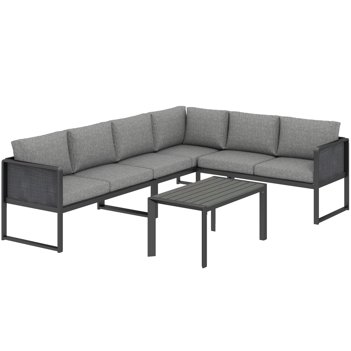 6 Seater Metal Garden Furniture Corner Sofa Set with 3 Loveseats, Faux Wood Table, Texteline Seat, Cushions, Dark Grey