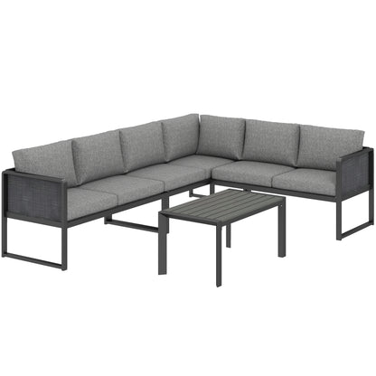 6 Seater Metal Garden Furniture Corner Sofa Set with 3 Loveseats, Faux Wood Table, Texteline Seat, Cushions, Dark Grey