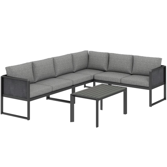 6 Seater Metal Garden Furniture Corner Sofa Set with 3 Loveseats, Faux Wood Table, Texteline Seat, Cushions, Dark Grey