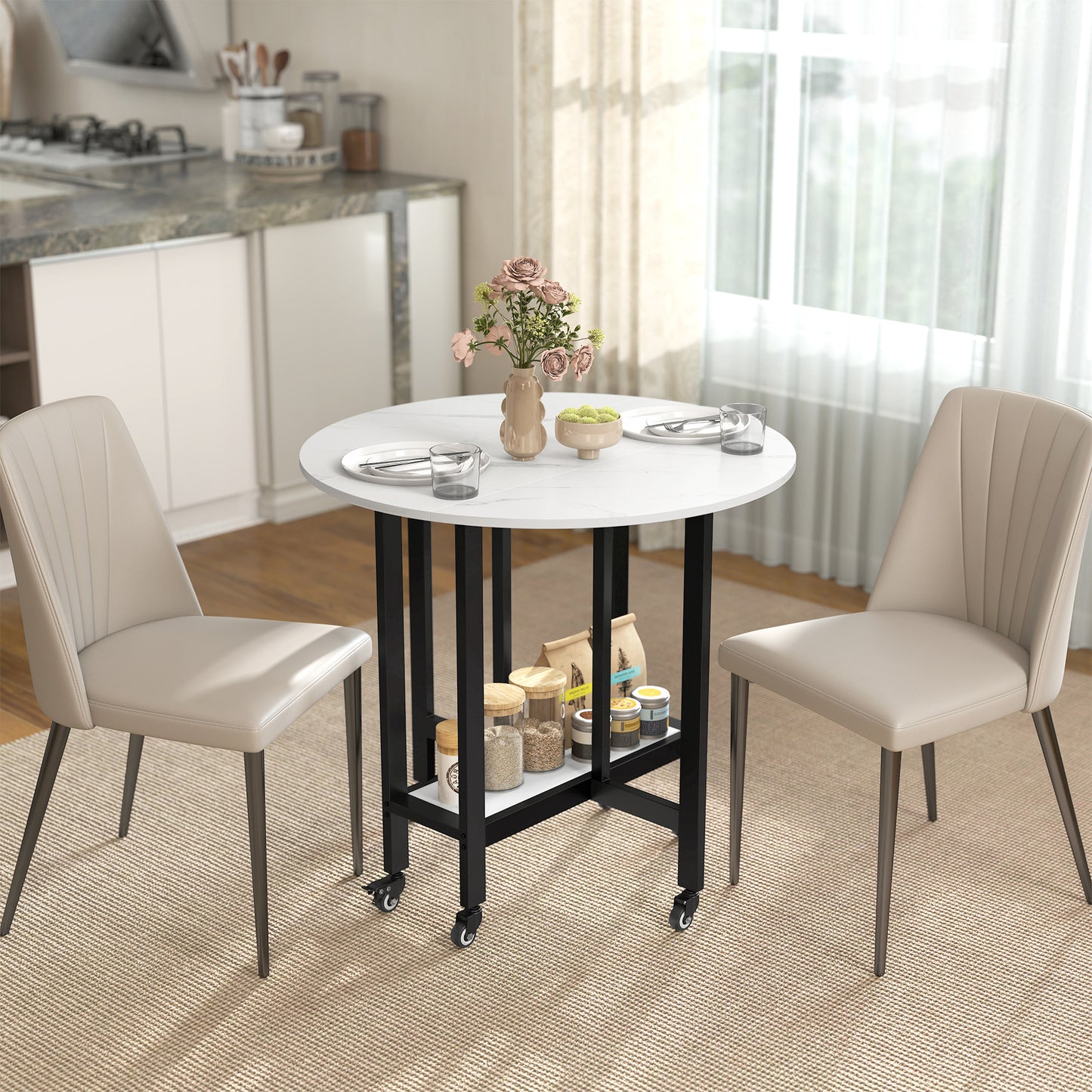 Folding Dining Table, Drop Leaf Table with Open Shelf, Rolling Kitchen Table for Dining Room, Small Spaces, White Marble