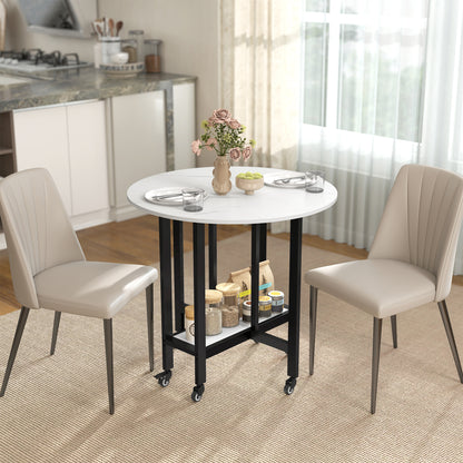 Folding Dining Table, Drop Leaf Table with Open Shelf, Rolling Kitchen Table for Dining Room, Small Spaces, White Marble