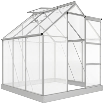 6 x 6ft Walk-In Greenhouse, Polycarbonate Greenhouse with Sliding Door, Window, Aluminium Frame, Foundation, Silver