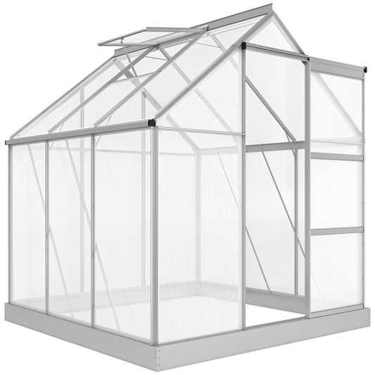 6 x 6ft Walk-In Greenhouse, Polycarbonate Greenhouse with Sliding Door, Window, Aluminium Frame, Foundation, Silver