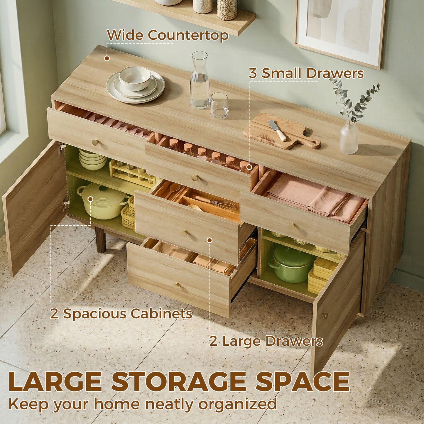 Sideboard with 5 Drawers and 2 Cabinets Buffet Cabinet with Solid Wood Legs 136 cm Walnut