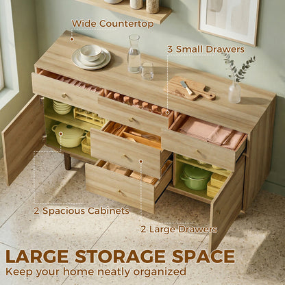 Sideboard with 5 Drawers and 2 Cabinets Buffet Cabinet with Solid Wood Legs 136 cm Walnut