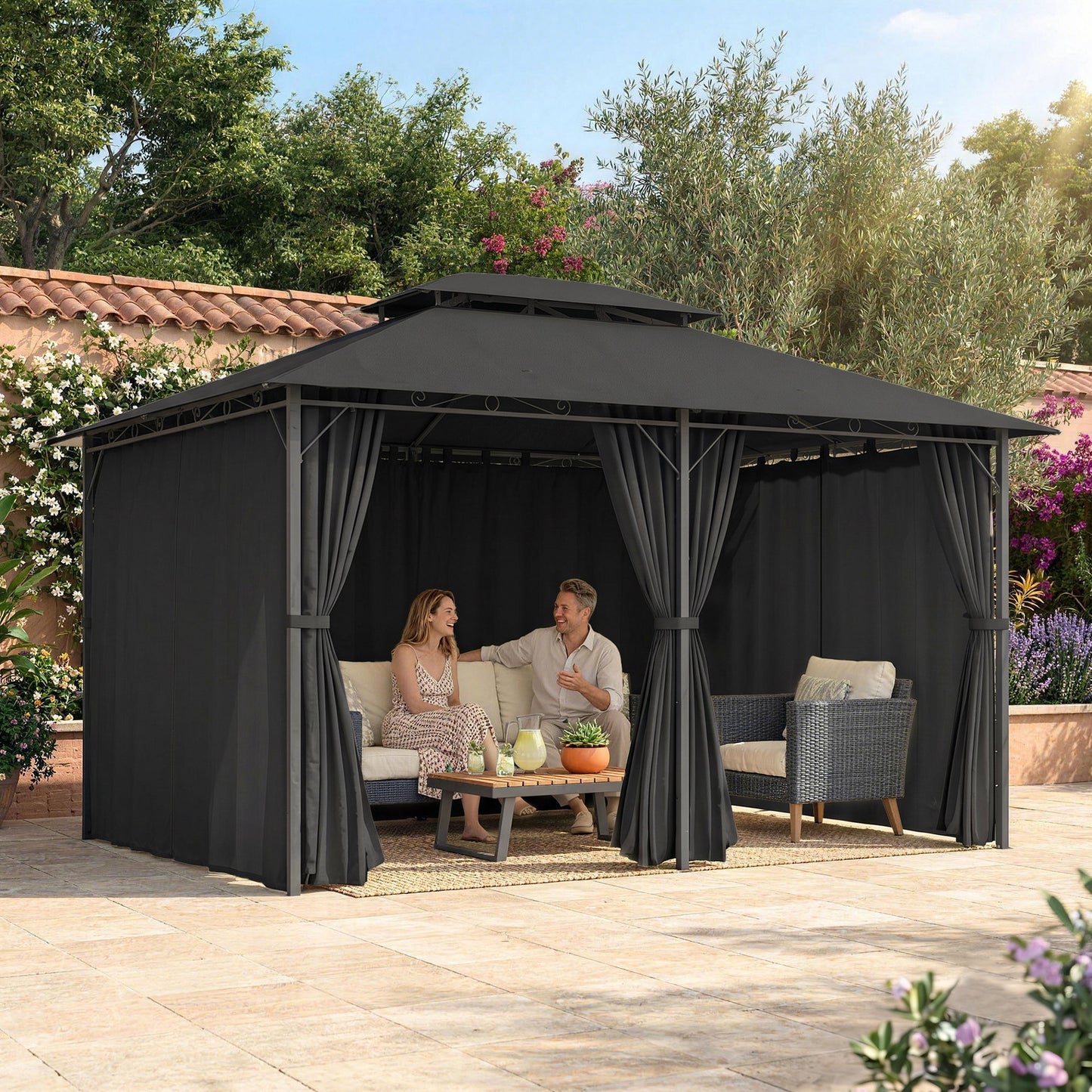 3 x 4m Steel Gazebo, with Curtains - Black