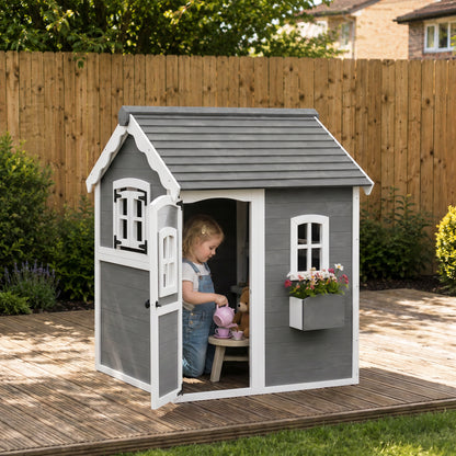 Wooden Playhouse for Kids with Doors, Windows, Plant Box, Floors, for Ages 3-8 Years, for Gardens, Lawns, Patios - Grey