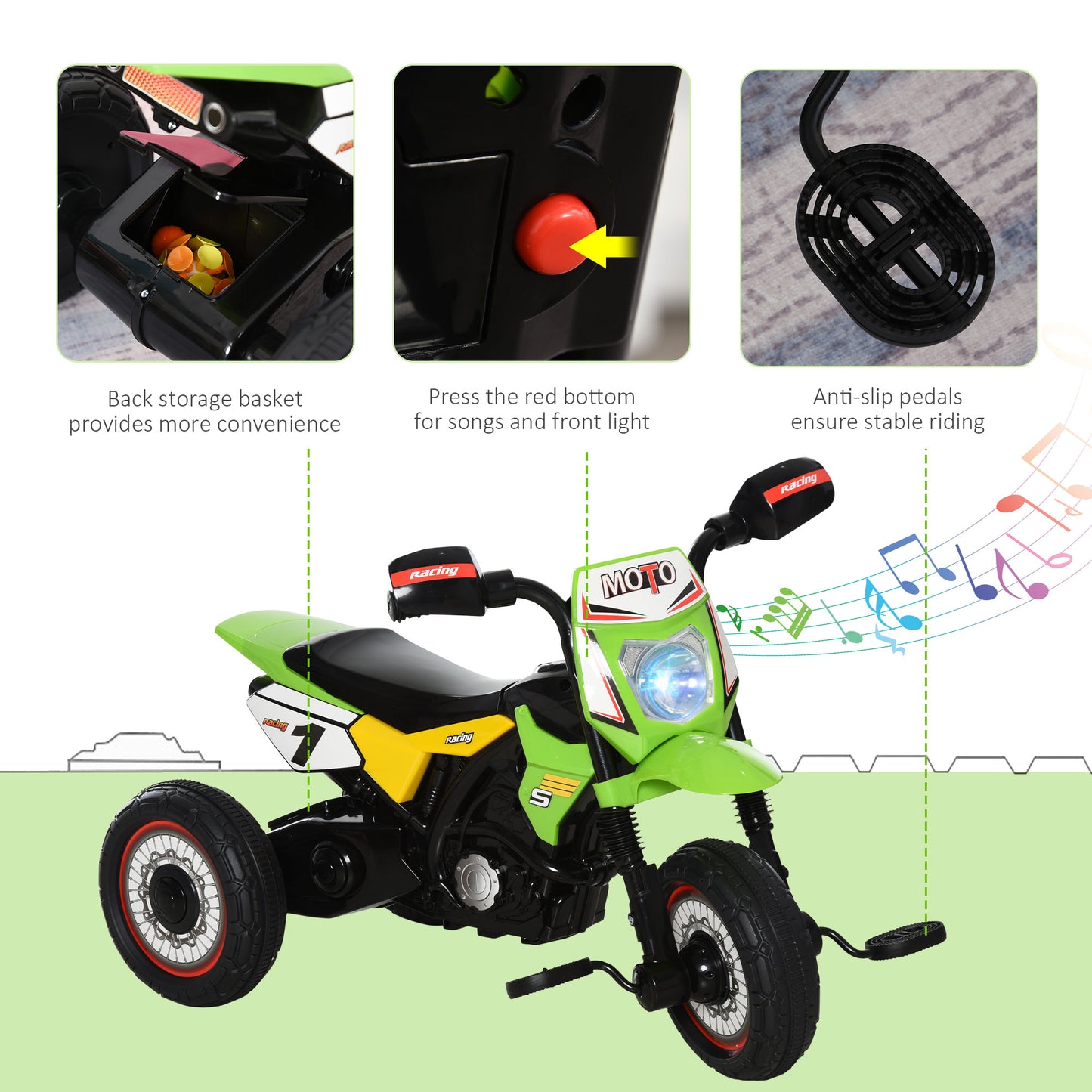 Trike for Kids, Toddler Pedal Motorcycle, Kids Ride On Tricycle Early Learning w/ Music Lights Handlebar Stickers Exercise Bo